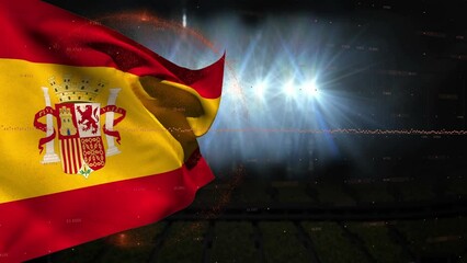 Animation of financial data processing over flag of spain and spotlights in sports stadium - Powered by Adobe