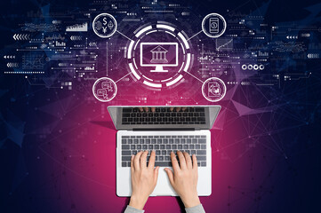 Obraz na płótnie Canvas Cryptocurrency fintech theme with person using laptop