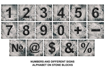 Set, digits, and different signs. Alphabet on stone blocks. Isolated on white background. Education Design