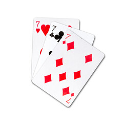 Three sevens, Playing cards, isolated on a white background. Poker hands. Design element. Playing cards.