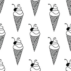 Seamless pattern with ice cream in a waffle cup with cherry. Background from beautiful ice cream.