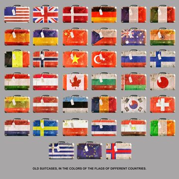Set of old suitcases in the colors of the flags of different countries. Isolated on a gray background. Signs and symbols. Flags. Design
