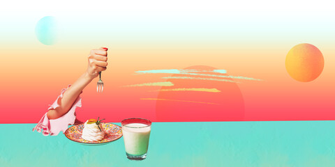 Contemporary art collage. Colorful design with delicious dessert and glass of milk for breakfast. Eating with beach landscape