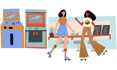 Scenes with retro black girl roller skates, skateboarding in cafe with retro arcade games machine, clipart, Joyful teenager characters near retro cafe clip art, Vector illustration in flat cartoon sty