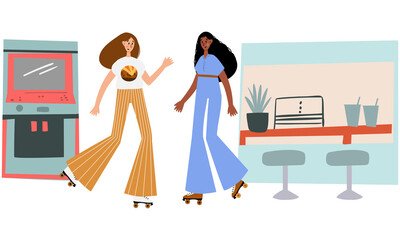 Scenes with retro black girl roller skates, skateboarding in cafe with retro arcade games machine, clipart, Joyful teenager characters near retro cafe clip art, Vector illustration in flat cartoon sty