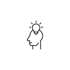 Hobbies, thought and ideas concept. Vector sign drawn in flat style. Editable stroke. Line icon of light bulb over head of man