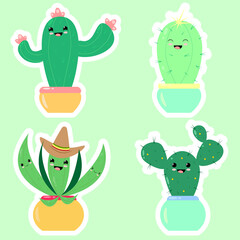 Set of cute stickers in kawaii style funny cactuses on a green background