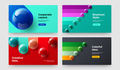 Geometric site screen vector design template set. Amazing realistic balls magazine cover layout collection.