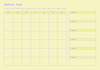 Note, scheduler, diary, calendar planner document template illustration. monthly plan form.