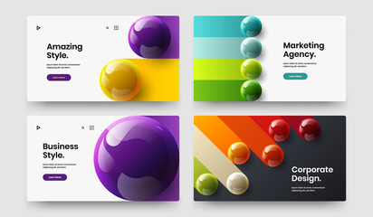 Bright brochure design vector layout set. Simple realistic spheres site screen illustration bundle.