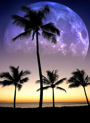 Tropical Palm Trees Silhouette Sunset or Sunrise Moonrise Full Moon