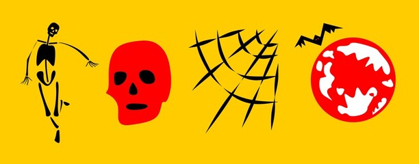  Halloween set. Skeletons black, red, yellow, white. bats, skulls and body parts. Full moon, full moon, red, black, yellow. Text with word Halloween.