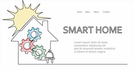 Cogwheels inside House in one line drawing. Smart home concept in minimalistic style and editable stroke. Can used for logo, emblem, slide show and banner. Illustration with quote template. 