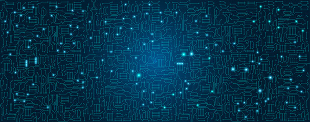 Blue circuit electronic or electrical line with circle engineering technology concept vector background