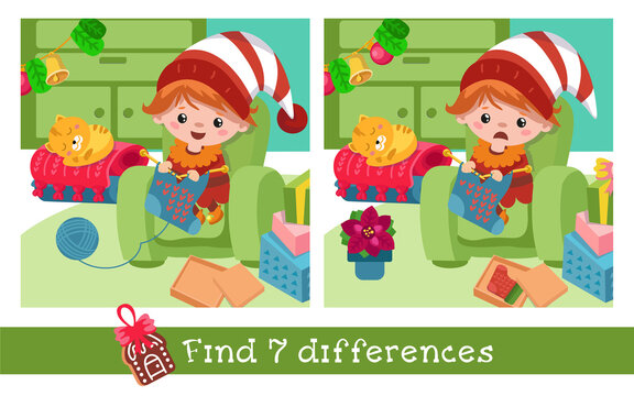 Find 7 differences. Game for children. Cute gnome knits sock, character in cartoon style. Vector hand drawn illustration.