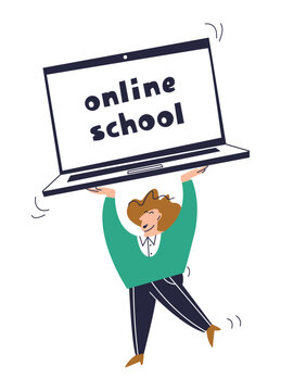 The teacher announces the start of the school year. Lettering on a school theme. The teacher carries a laptop while greeting the students. Distance learning. Ad.
