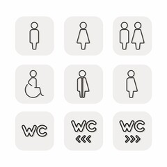 Set of nine way finding linear vector icons. Plates on the door, the scheme of movement. Icons for the airport, office, cafe. Men, women, disabled people, toilet, way finding, wc. Icons with people.