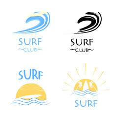 vector set of the surfing club logo.The sun and palm trees with the waves of the ocean or the sea with a surfboard.Surf illustration typography
