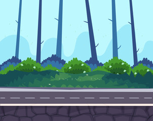 game background cartoon vector , Road in the middle of the forest