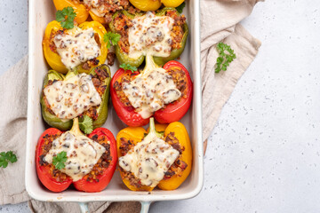Colorful peppers stuffed with meat, bulgur and cheese