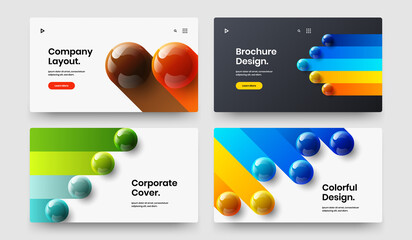 Abstract book cover design vector layout set. Vivid realistic spheres website concept composition.