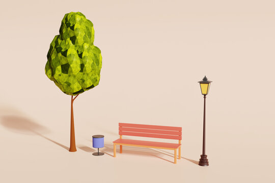 3d illustration, park bench or chair with trees, trash can, lamp, or street light on a pastel background Minimal outdoor relaxation concept. 3D rendering.