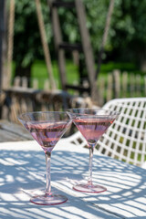 Two glasses with cold pink rose on a garden table in the summer sun. High quality photo