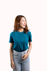 Obraz premium Cute and charming smiling Asian woman gesturing hands on white background.