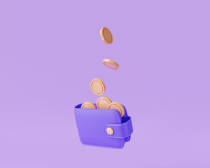 Purple wallet with floating coins on purple background. online payment, bank, finance investment, money wallet, cashback. saving money concept. 3d icon render illustration, cartoon minimal style - obrazy, fototapety, plakaty