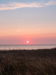 Sunrise over beach dunes and Cape Cod Bay, Sandwich Massachusetts