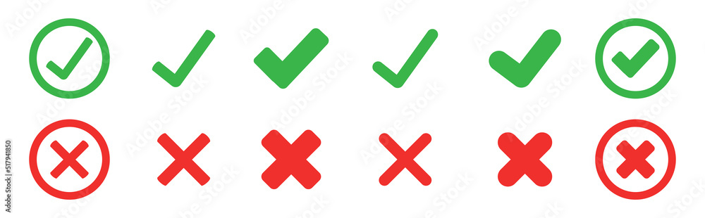 Poster green check mark and red cross x vector icon. green sign of consent. red wrong mark. yes sing. no wr