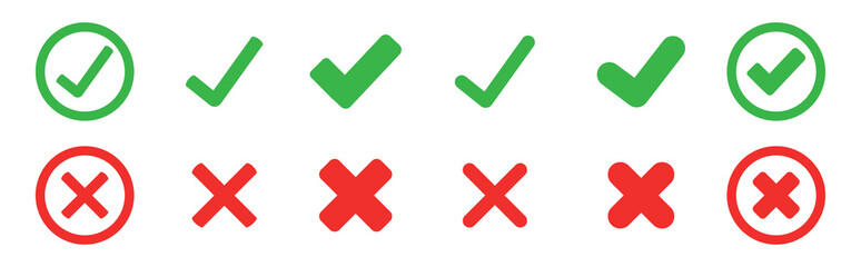Green Check mark and Red cross x vector icon. Green sign of consent. Red wrong mark. Yes sing. No wrong symbol. Delete sign. delete, vote sign. Stock Vector  - obrazy, fototapety, plakaty