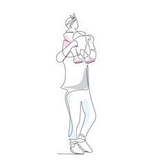 Vector illustration of a father holding his little daughter on his shoulders drawn in line-art style