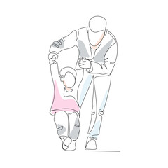 Vector illustration of a father who teaches a child to walk drawn in line-art style
