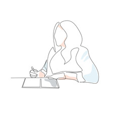Vector illustration of a woman writing in a notebook drawn in line art style