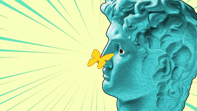 Modern creative concept video 4K with colored graphic sculpture. GIF animation with antique statue head in zine style. Contemporary stop motion art. Funky design. Fashion aesthetic culture. Collage.