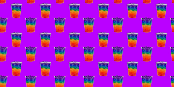 Many  Rainbow Bubble Tea In Disposable Plastic Cups.  Refreshing Summer Cocktail. Tapioca Balls Boba Drink. Seamless Pattern. Design Element