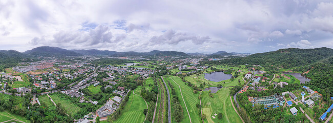 Panorama view Aerial view of Kathu district Phuket Thailand from Drone camera High angle view