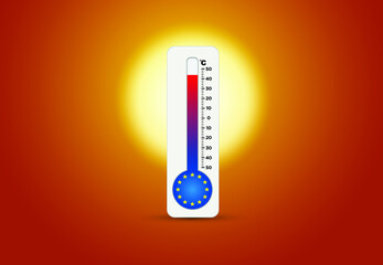 Europe heat wave concept vector background, glowing sun on orange sky with thermometer.
