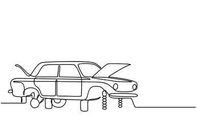 Continuous One Line drawing of broken disassembled car without wheels, vandalism. Sketch in minimalist style. Editable hand drawn contour. Vector