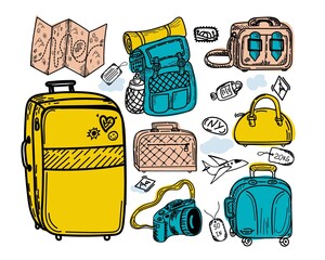 Set of different types of luggage, hand-drawn in sketch style. Vector illustration. Large and small suitcase, backpack, small bag, hand luggage, valise, tags. Map. Camera. Airplane. Sketch.