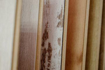 Laminate background. Samples of laminate or parquet with a pattern and wood texture for flooring and interior design.