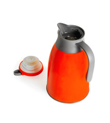 Orange thermos with a handle.