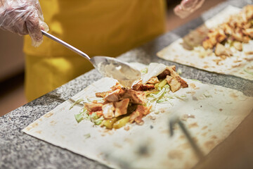The process of making shawarma.  closeup 