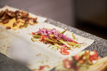 The process of making shawarma.  closeup 