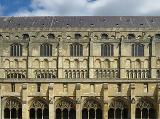 Cathedral of Norwich. Lateral facade from the cloister. Norman Romanesque and Perpendicular Gothic  from 11th-15th century.
East Anglia. United Kingdom.