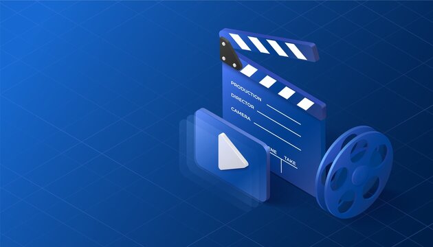 Isometric cinema illustration. Movie concept. Clapper, reel and play button objects.