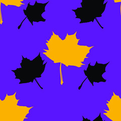 Seamless vector pattern with black and yellow maple leaves on a purple background. Modern stylish botanicalt flat style illustration for fabric print, wrapping paper, maple syrup labels