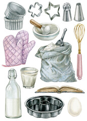 Set of baking tools and products isolated on white background. Hand-drawn bakery collection.Watercolor illustration of flour,milk jar, and biscuit shapes,for design menus,recipes and packages products