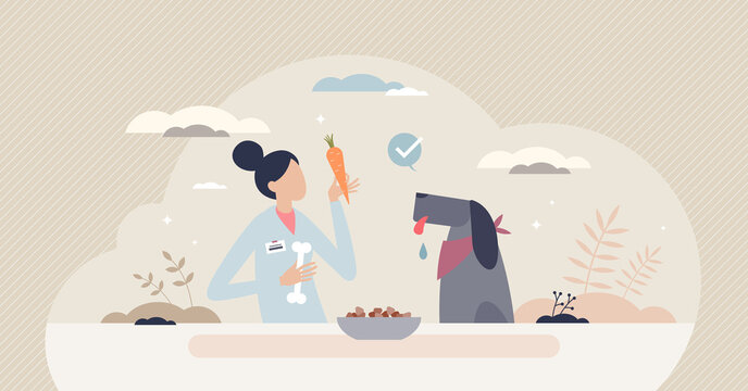 Pet nutritionist as animal food control specialist tiny person concept. Pet nutrition and supplement professional care for balanced diet and weight loss vector illustration. Dog veterinarian help.